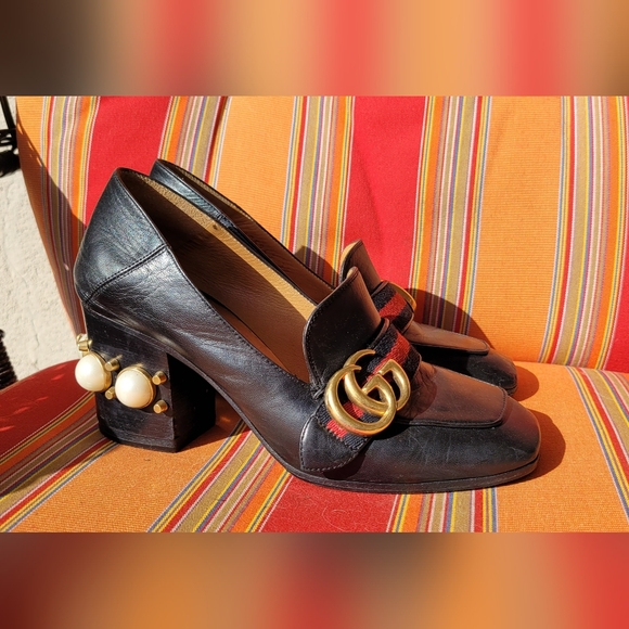 Gucci Black Peyton Loafer Pearl Heel Shoes Size 5 - Picture 2 of 16